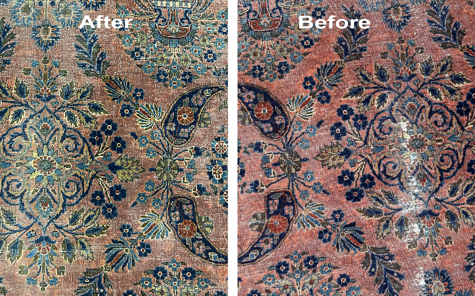 before and after image of a rug repair